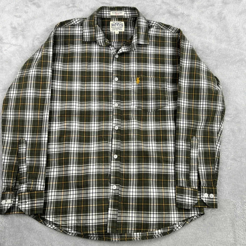 Ralph Lauren RRL Plaid Button Down L Boy Olive Green Gold Classic Heritage Shirt